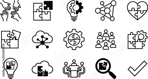 Quadro su tela Teamwork and business synergy line icon set featuring jigsaw puzzles cloud compu
