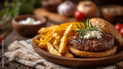 Grilled Beef Burger with Feta Cheese and French Fries on Wood