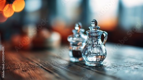 Elegant glass cruets on rustic wooden dining table reflecting warm ambient light, simple composition with blurred background