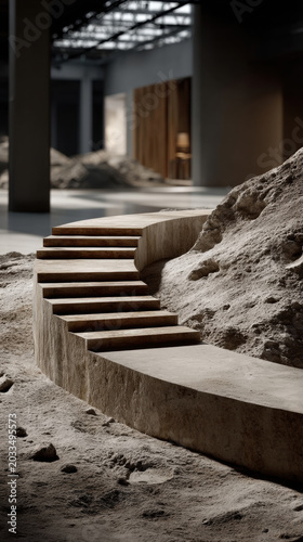 Concrete staircase indoor construction space exploration funding concept modern architecture sandy floor industrial interior minimal design
