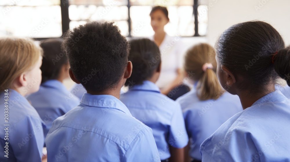 Fototapeta premium Children listening to a teacher in a classroom setting during a lesson