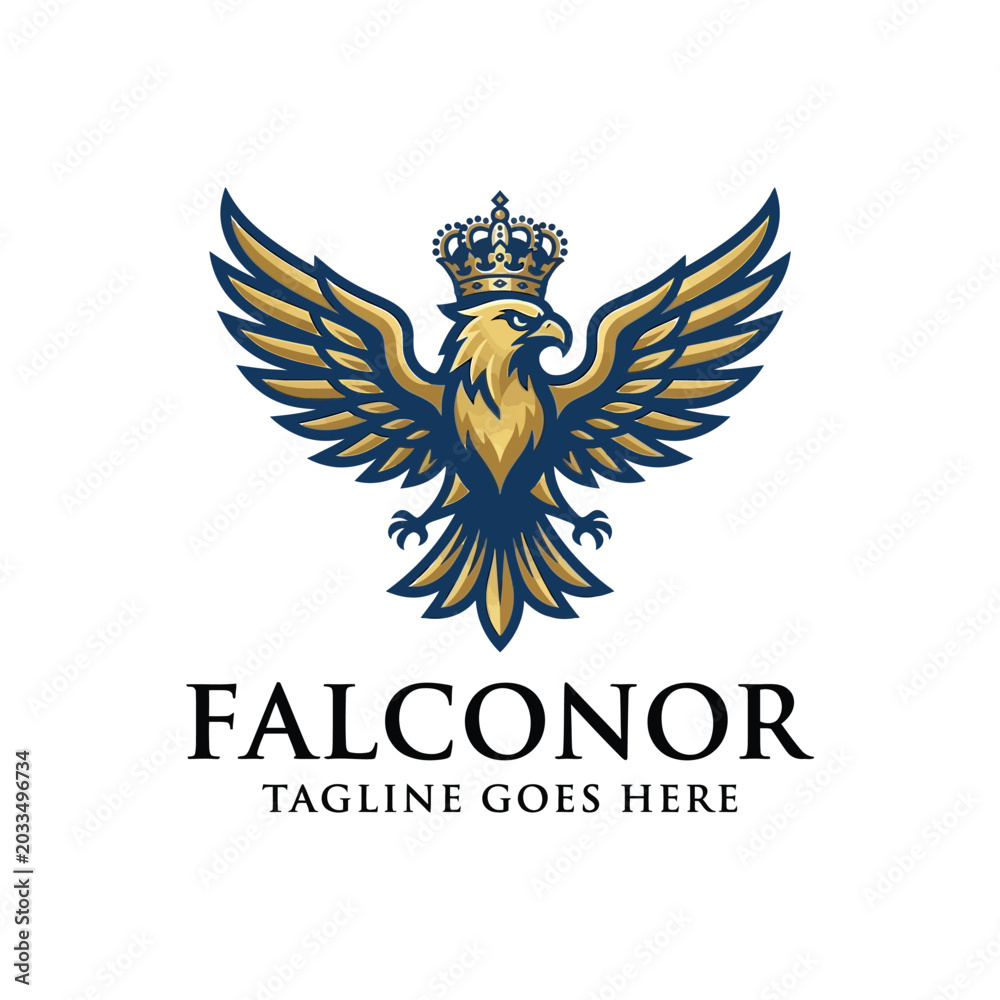 Fototapeta premium Heraldic eagle with crown logo emblem in gold and blue.