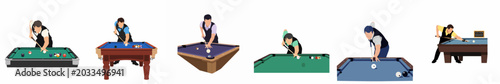 Flat Vector Illustrations Collection of Professional Billiard Players in Various Poses on Different Colored Pool Tables Isolated on White Background