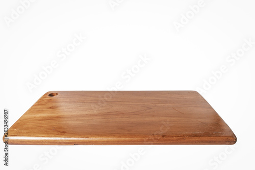 Empty Rectangle wooden cutting board isolated on white background. Side View chopping board. Cooking concept with Kitchen accessory and copy space for your products