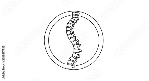 Black and white line art of a curved human spine within a circular frame illustrating scoliosis or spinal alignment for chiropractic use.