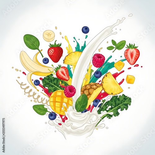 Colorful floral design with berries and leaves on white background.