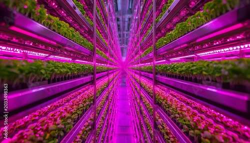 Automated vertical farming system cultivating organic leafy greens in a modern indoor facility digital illustration for agricultural tech marketing