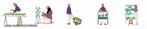 Diverse women engaged in modern urban farming, hydroponics, and vertical gardening, cultivating fresh greens and vegetables in various indoor and outdoor setups.