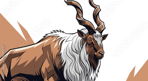 Majestic Markhor Goat with Spiral Horns, Mountain Wildlife Illustration