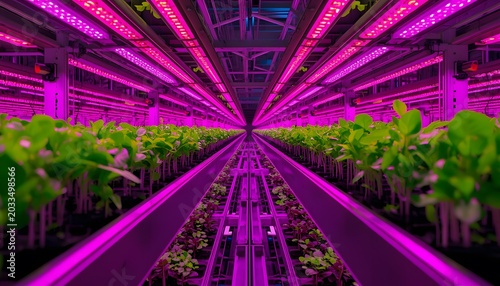 Vertical farming system growing leafy greens under magenta led lighting in an automated indoor facility for sustainable technology marketing
