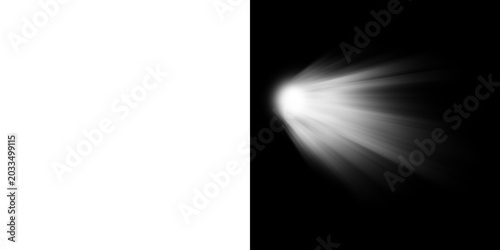 White glowing light burst with radiating rays and lens flare on transparent and black background, isolated overlay element