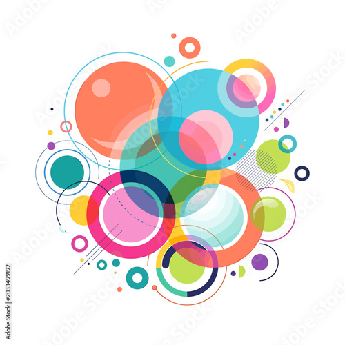 Vibrant abstract geometric circles composition creating a dynamic and modern graphic design background, full of overlapping colorful shapes and artistic elements