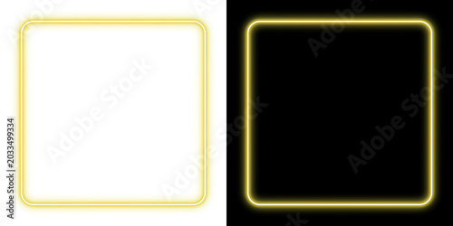 Yellow glowing neon square frame with rounded corners on transparent and black background, isolated border overlay