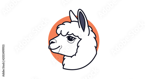 Minimalist illustration of a friendly white llama head profile against a soft orange circular background for logo or design.