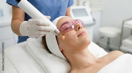 Woman undergoing CO2 fractional laser treatment for skin resurfacing at a beauty clinic.