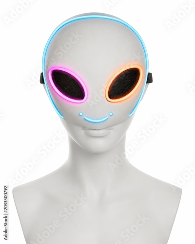 White festival alien face mask with pink orange and blue el wire glow rounded friendly alien expression soft rubber material simple wearable design on a minimalist mannequin head