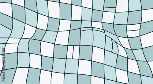 Abstract background pattern consisting of a highly distorted and wavy grid of alternating light blue and white square shapes.