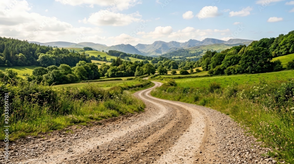 Fototapeta premium A winding gravel dirt road through a lush rural landscape of green fields.