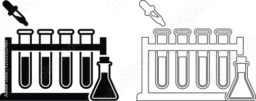 Foto Vector illustration of a chemistry laboratory experiment featuring test tubes in a rack, an Erlenmeyer flask, and a dropper, presented in both solid silhouette and line art outline styles