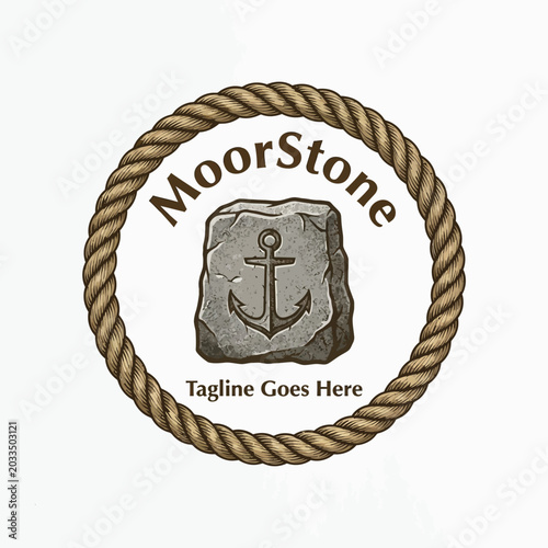 MoorStone nautical logo design with a stone anchor icon enclosed in a rope circle.