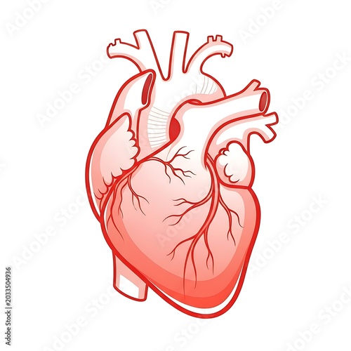 Red stylized illustration of human heart with arteries.