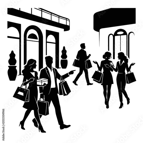 Photos Silhouettes of people enjoying a shopping spree in a modern city street with bags and purchases