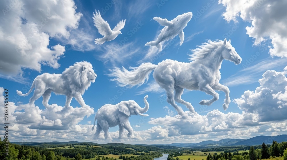Fototapeta premium Fantasy animals made of clouds in the sky with whimsical art elephant imagination illustration creativity whimsical surrealism creature