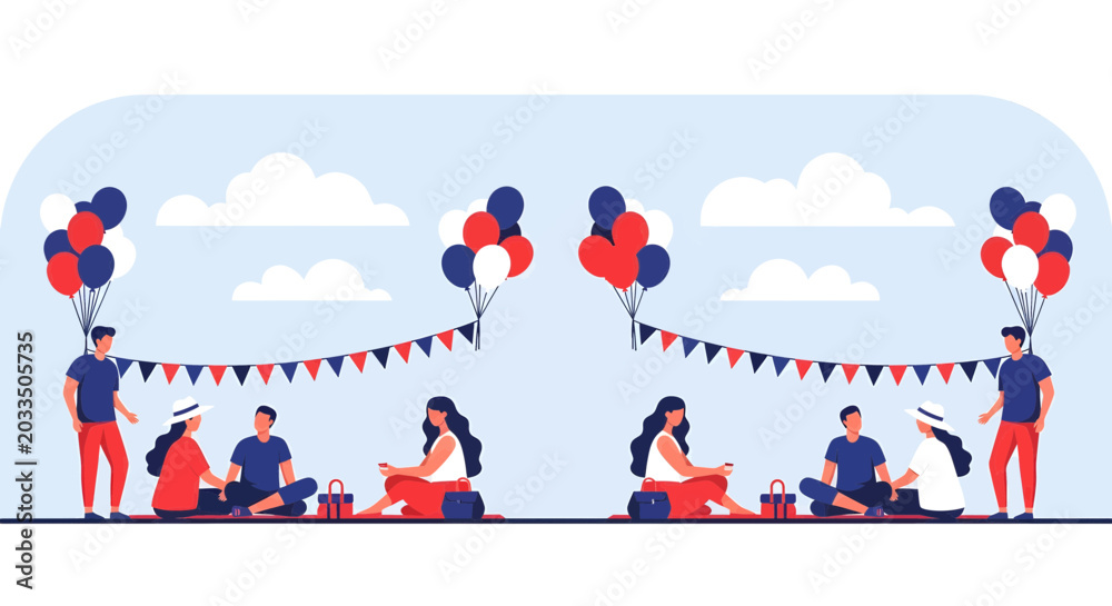 Fototapeta premium People Enjoying Outdoor Picnic Celebration with Balloons and Bunting.