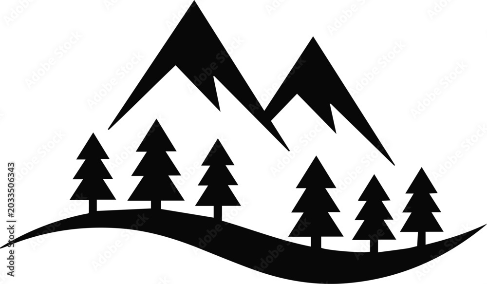 Fototapeta premium Mountain peaks and pines travel poster layout