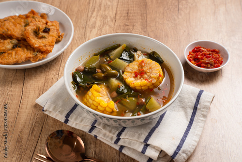 Sayur Asam or Sayur Asem is a type of vegetable dish that is typical of Indonesia. Perfect for recipe, article, catalogue, or any commercial purposes. with copy space.