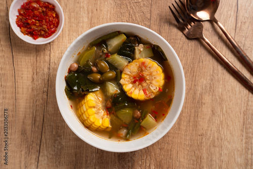Sayur Asam or Sayur Asem is a type of vegetable dish that is typical of Indonesia. Perfect for recipe, article, catalogue, or any commercial purposes. with copy space.