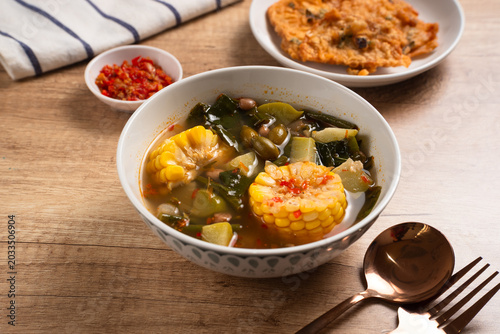 Sayur Asam or Sayur Asem is a type of vegetable dish that is typical of Indonesia. Perfect for recipe, article, catalogue, or any commercial purposes. with copy space.