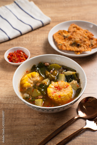 Sayur Asam or Sayur Asem is a type of vegetable dish that is typical of Indonesia. Perfect for recipe, article, catalogue, or any commercial purposes. with copy space.