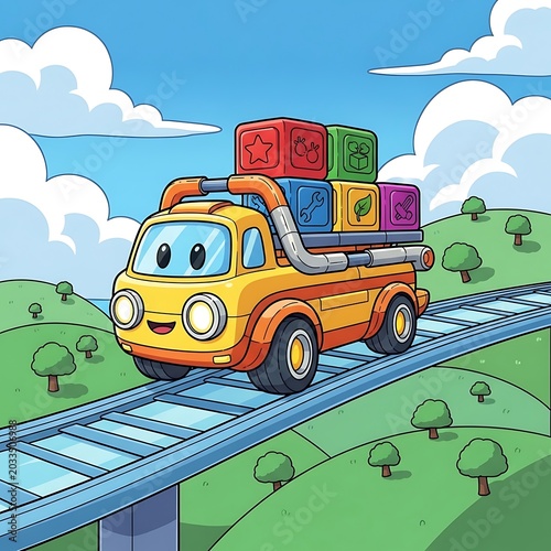 Vibrant yellow school bus on a sunny road with green hills.
