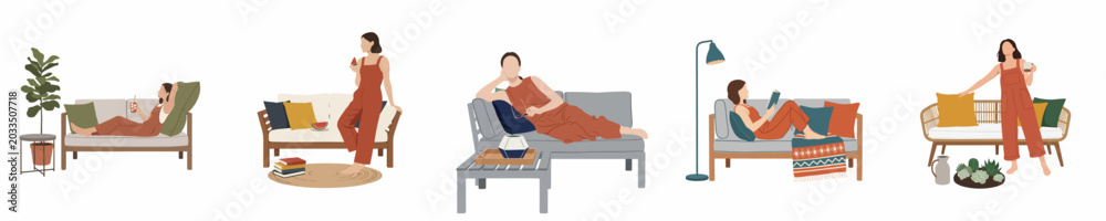 Fototapeta premium Flat design illustration set of a young woman relaxing at home on various sofas, reading, drinking, and lounging in comfortable attire.