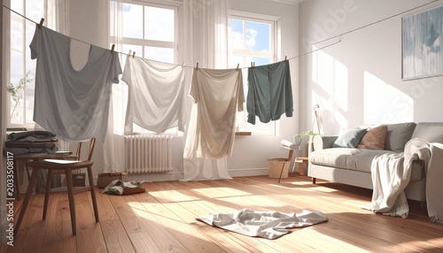 Sun-drenched living room with clothes drying on a line by the window, creating a cozy and domestic atmosphere