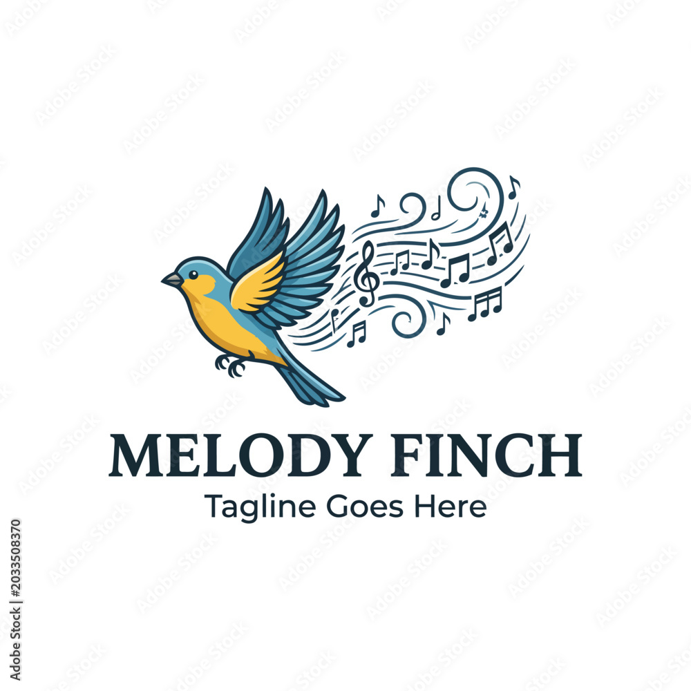 Naklejka premium Singing blue bird logo with musical notes for music production or creative apps.