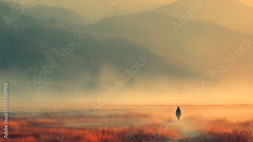 Lone cowboy walking through a foggy desert valley at dawn, cinematic soft ambient light with warm earth tones, hyper-detailed wide shot capturing serene and mysterious mood