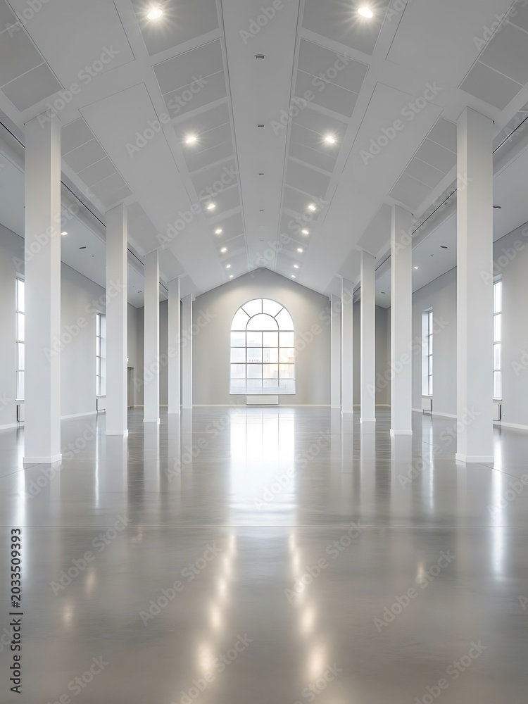 Fototapeta premium Spacious Minimalist Empty White Hall with Polished Floor and Arched Window