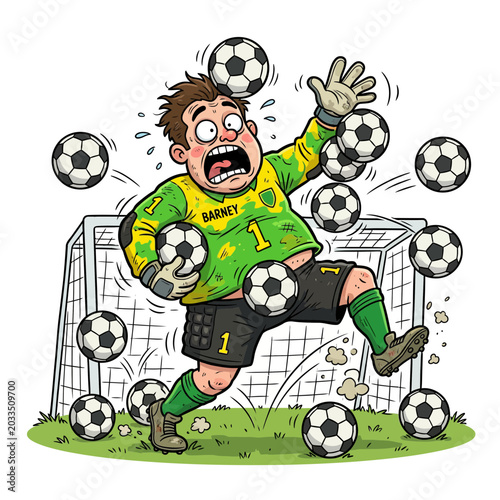 Fotografie Soccer player in green uniform kicking balls.