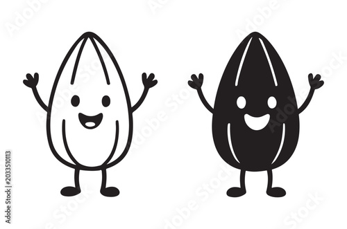 cartoon almond characters black and white line drawing