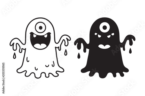 Cartoon ghost characters black and white line art