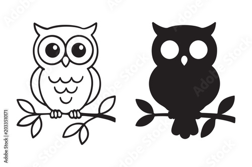 Two owl silhouettes with branch black and white line art