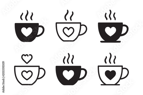 Coffee cup icons with heart shapes black and white