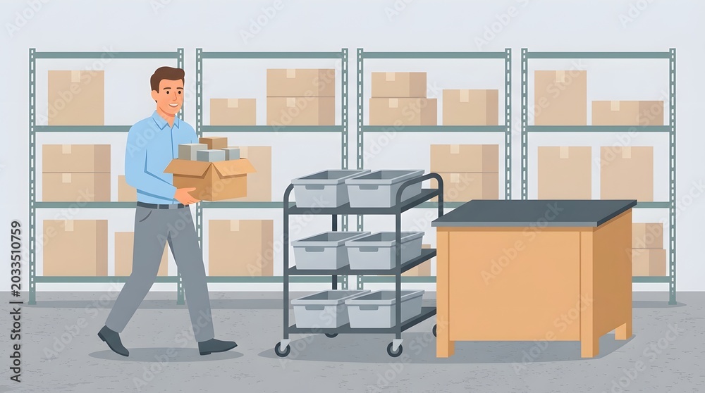 Fototapeta premium Warehouse Worker with Packages: A male warehouse worker carefully carries a box of items past shelving units and a utility cart, illustrating logistics and inventory management.