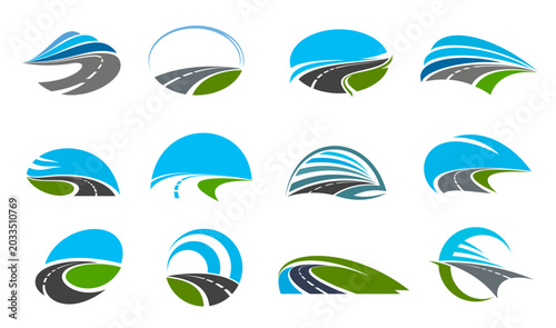 Highway road vector icons and asphalt route way emblems or pathway symbols. Curved gray highways with white lines, asphalt roads, green hills and blue horizon for logistics, travel or car rent symbols