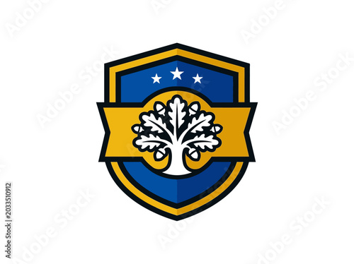 Tree logo with shield and banner.