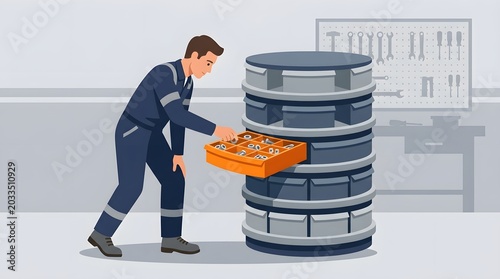 Warehouse Inventory Management: A worker in a workshop is organizing inventory in a multi-tiered shelving unit, demonstrating efficient storage and retrieval processes.