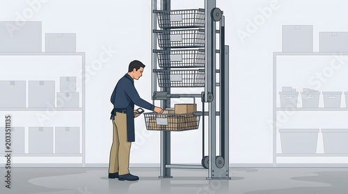 Warehouse Automation: A worker retrieves an order from an automated vertical storage system in a modern warehouse, showcasing efficient logistics and inventory management.