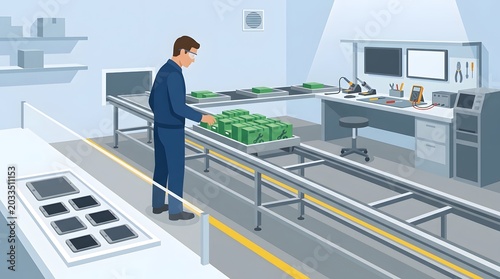 Electronic Manufacturing Assembly Line: A worker meticulously places components on an assembly line in a cleanroom environment.